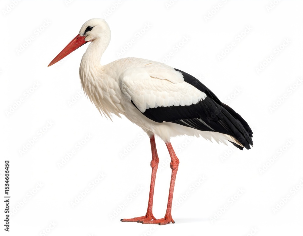 Stork Serenity: A majestic stork, pristine white plumage accented by striking black wingtips and a vivid red beak, stands gracefully against a backdrop, evoking a sense of serenity. Stork Serenity: A majestic stork, pristine white plumage accented by striking black wingtips and a vivid red beak, stands gracefully against a backdrop, evoking a sense of serenity.