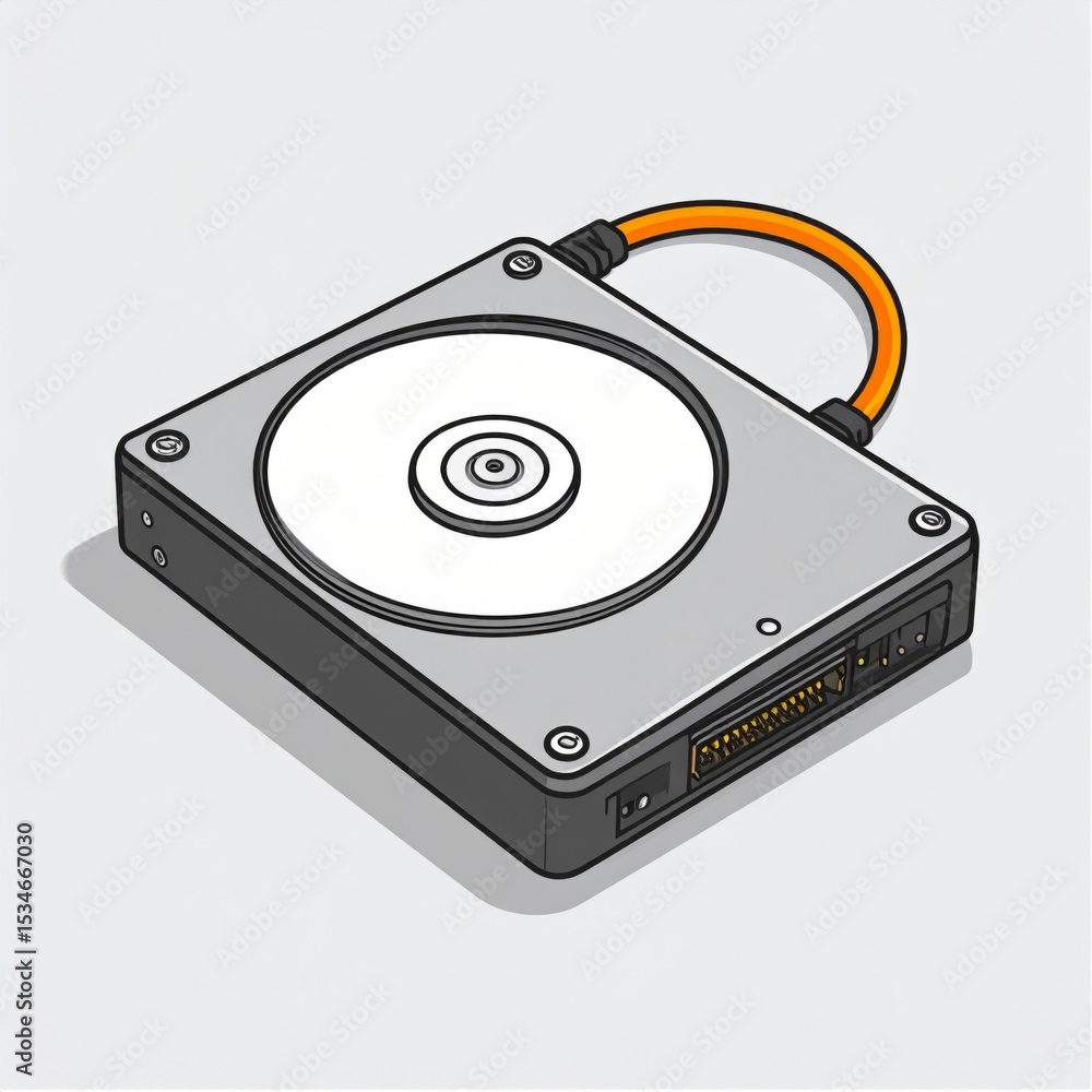 Fototapeta premium Isometric Pixel Art Illustration of a Gray Hard Drive with Orange Cable