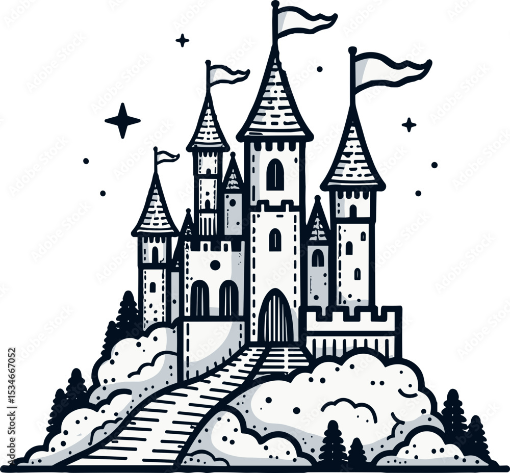 Fototapeta premium Fairytale castle illustration in whimsical style with clouds and trees