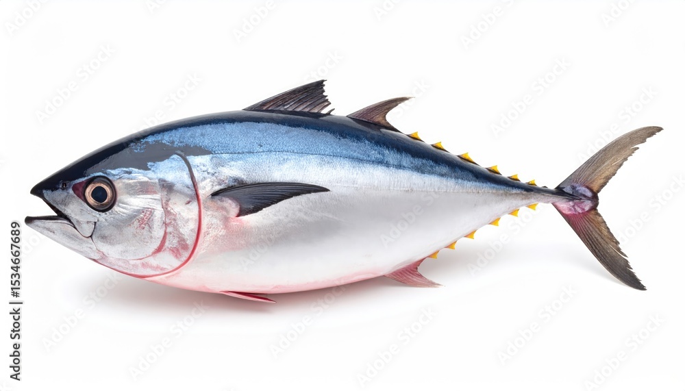 Fototapeta premium Majestic Tuna: A vibrant close-up shot of a sleek tuna, showcasing its iridescent blue and silver scales and fins, a true marvel of marine life.