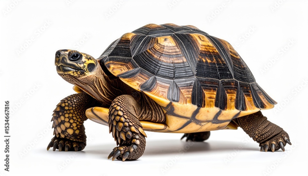 Obraz premium Tortoise in Close-up: A detailed studio shot showcasing a majestic tortoise against a subtle backdrop. The intricate details of the tortoise's shell and skin are displayed.