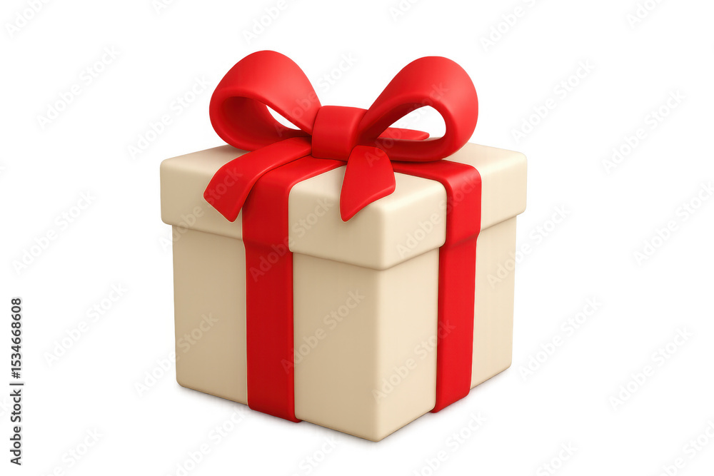 Closed beige gift box with red ribbon, 3d rendering on transparent backdrop, celebrating festive moment Closed beige gift box with red ribbon, 3d rendering on transparent backdrop, celebrating festive moment