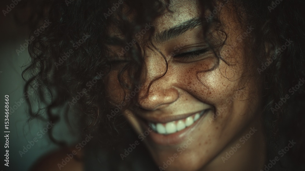 Radiant smile of a young woman with curly hair and freckled skin, portrait Radiant smile of a young woman with curly hair and freckled skin, portrait