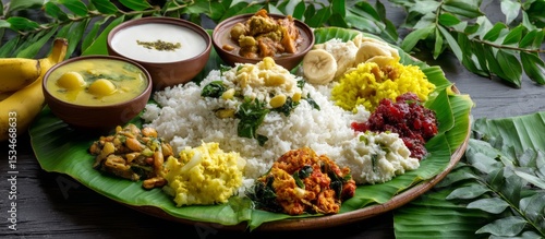 Traditional Onam Sadhya Served on Banana Leaf with Diverse Dishes