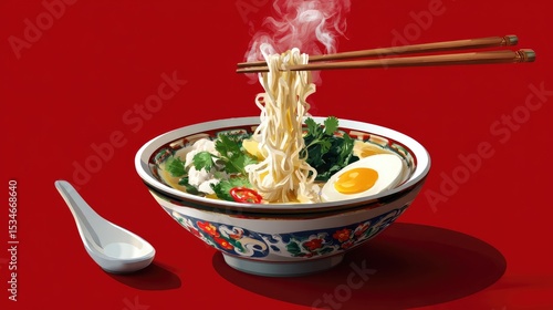Steaming Bowl of Noodles with Fresh Toppings and Chopsticks
