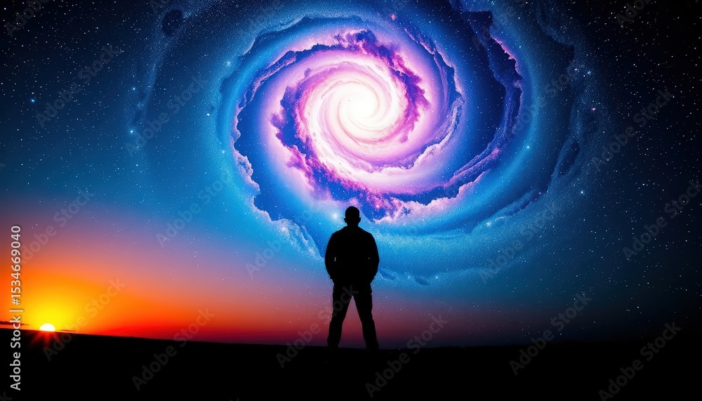 Fototapeta premium Silhouette of a man standing against a vibrant sunset and a swirling galaxy