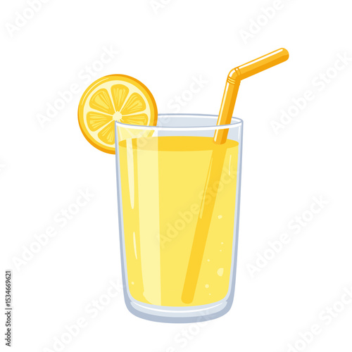 Fresh lemonade in glass with lemon slice and straw  