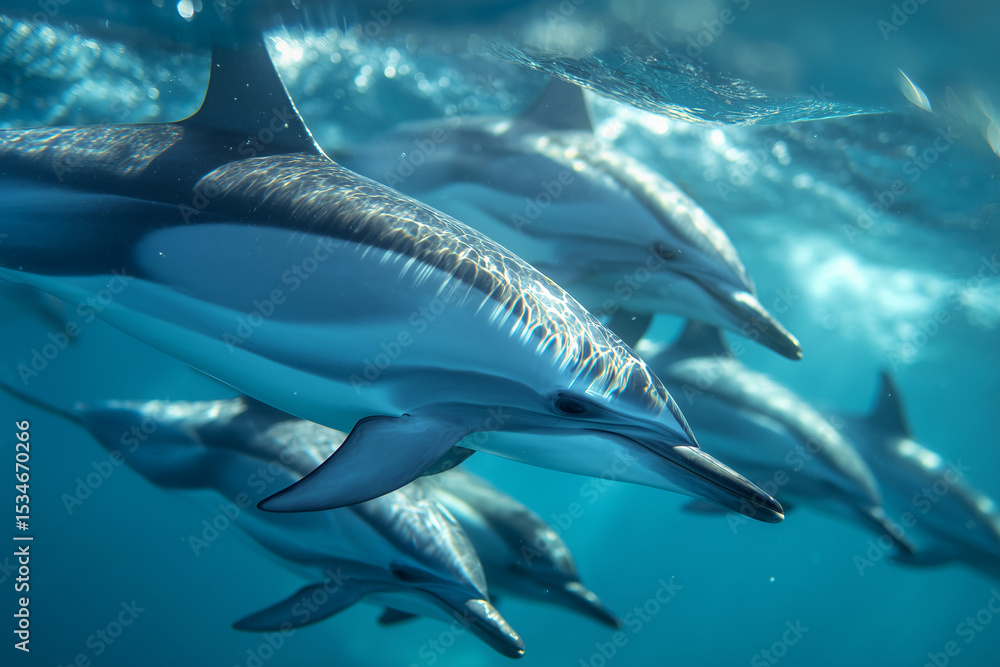 Fototapeta premium Pod of dolphins swimming underwater