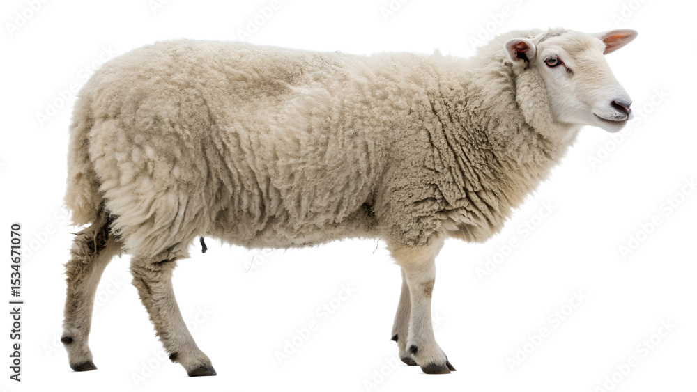 Fototapeta premium White Sheep Standing in Profile, Isolated on Transparent Background