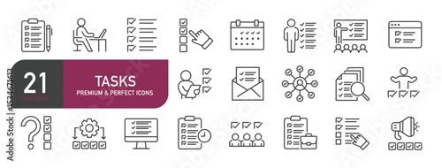 Set of line icons related to task, process, management, planning. Outline icons collection. Editable stroke. Vector illustration