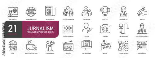 Set of line icons related to journalism, mass media, news. Outline icons collection. Editable stroke. Vector illustration