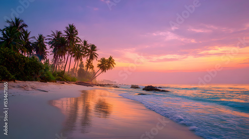 Fototapeta Naklejka Na Ścianę i Meble -  Beautiful tropical beach scene capturing palm trees and ocean during a colorful sunrise