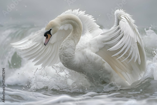 Fototapeta Naklejka Na Ścianę i Meble -  White Swan Spreading Wings in Ocean Waves