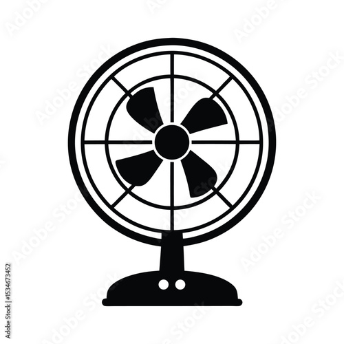 A vintage electric fan with metal blades isolated on black, providing cool wind and ventilation table fan silhouette icon