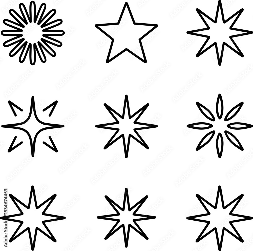 Fototapeta premium Set of Star Flat Line Icons – Starry Night, Falling Star, Firework, Twinkle, Glow, Glitter, Burst Vector Illustrations for Glossy Material Property