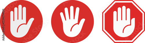 Stop Sign with White Hand on Red Circle – Bold Vector Icon for Warning, Caution, and Restricted Area Design


