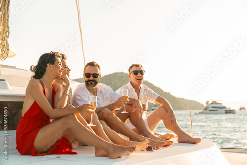 Photography Happy Caucasian man and woman travel nature the sea on luxury catamaran boat yacht on summer beach holiday vacation