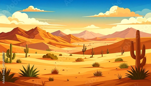 Sunset Desert Landscape, Cactus, Mountains - Geometric illustrations