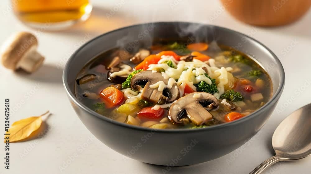 Warm Vegetable Soup with Mushrooms and Cheese in a Black Bowl Warm Vegetable Soup with Mushrooms and Cheese in a Black Bowl