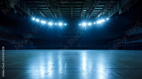 Empty basketball arena, stadium, sports ground with flashlights and fan sits