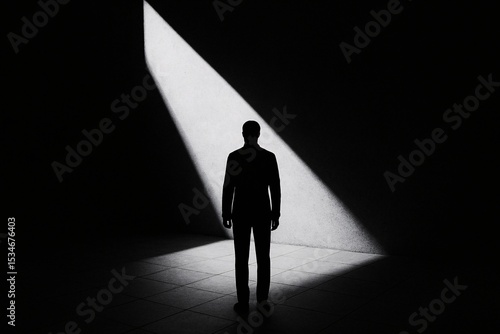 Lone man in formal attire standing in dramatic spotlight, casting deep shadow in dark room, symbolizing mystery, isolation, power, and introspection in cinematic black and white.

