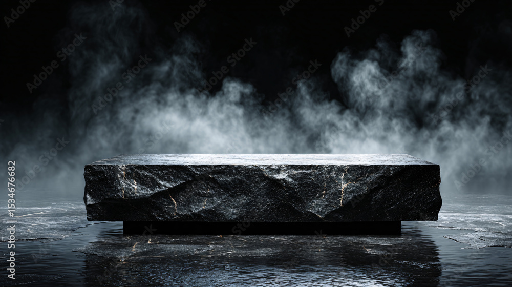 Fototapeta premium Abstract minimal concept. Dark background with natural granite stones podium on water and smoke surrounding. Mock up template for product presentation.