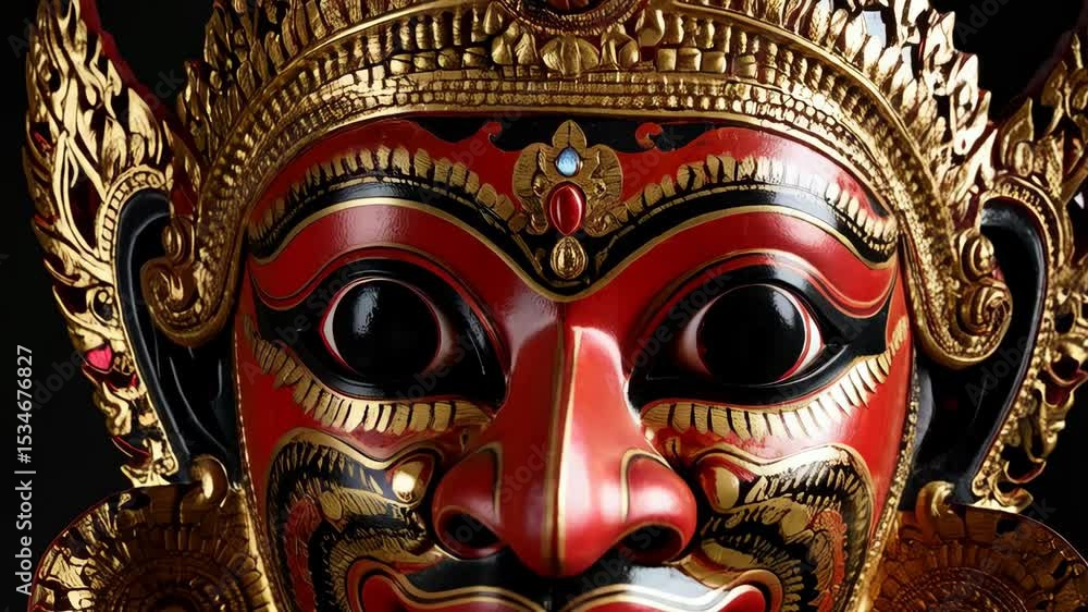 Intricate red and gold theatrical mask with ornate crown and black details against a dark backdrop, close up perspective. Intricate red and gold theatrical mask with ornate crown and black details against a dark backdrop, close up perspective.