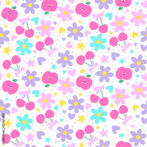 Playful bright fruits, apples, cherry, flowers and bows seamless pattern textile print