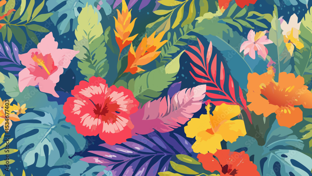 Fototapeta premium Tropical Leaves and Flowers Pattern