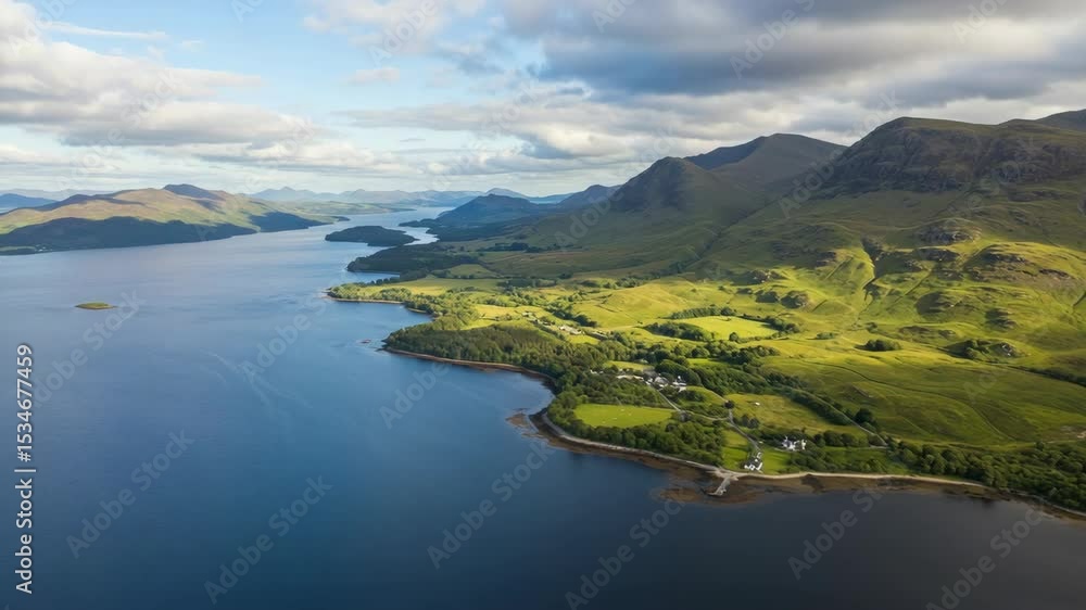 Aerial View of Lush Green Mountains and Serene Calm Lake Landscape Aerial View of Lush Green Mountains and Serene Calm Lake Landscape
