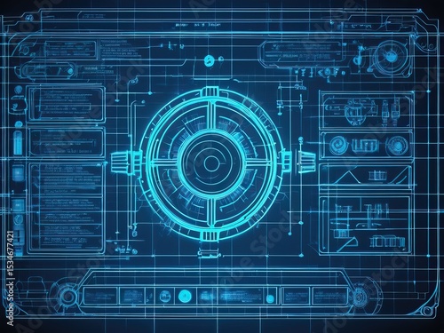Futuristic blue digital interface with HUD elements and technical diagrams