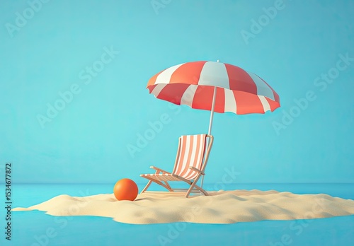 Beach chair, umbrella, and ball on small island