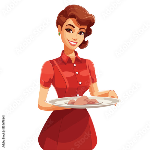 Professional Restaurant Waitress Cartoon Vector Illustration for Menus and Promotions