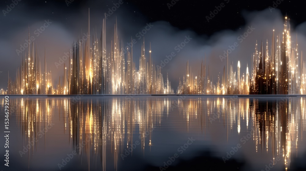 Fototapeta premium Imagination concept Futuristic skyline reflected in water under a starry night sky.