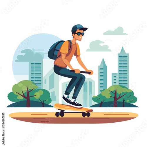 Young Man Riding Skateboard Cartoon Illustration - Fun Outdoor Skateboarding Activity