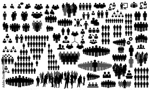Iconic Human Silhouette Compilation: A diverse collection of human stick figures silhouette icons representing various group sizes & arrangements, perfect for illustrating teamwork and social dynamics