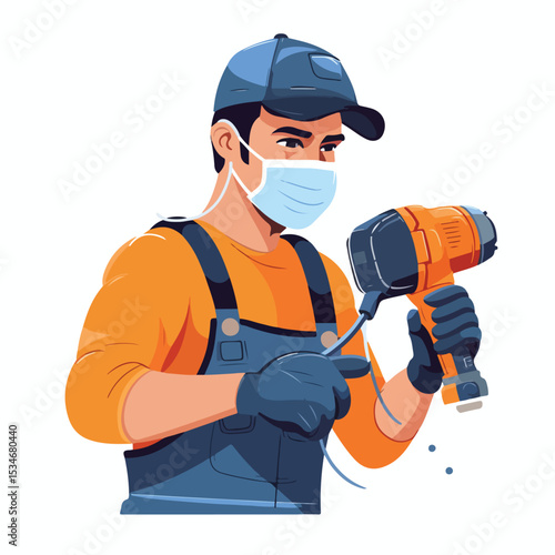 Professional builder with drill wearing protective face mask for COVID-19 prevention