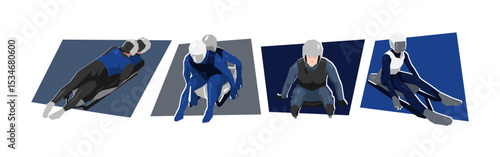 Set of luge athlete in action. Extreme sport, race. Flat vector cartoon illustration.