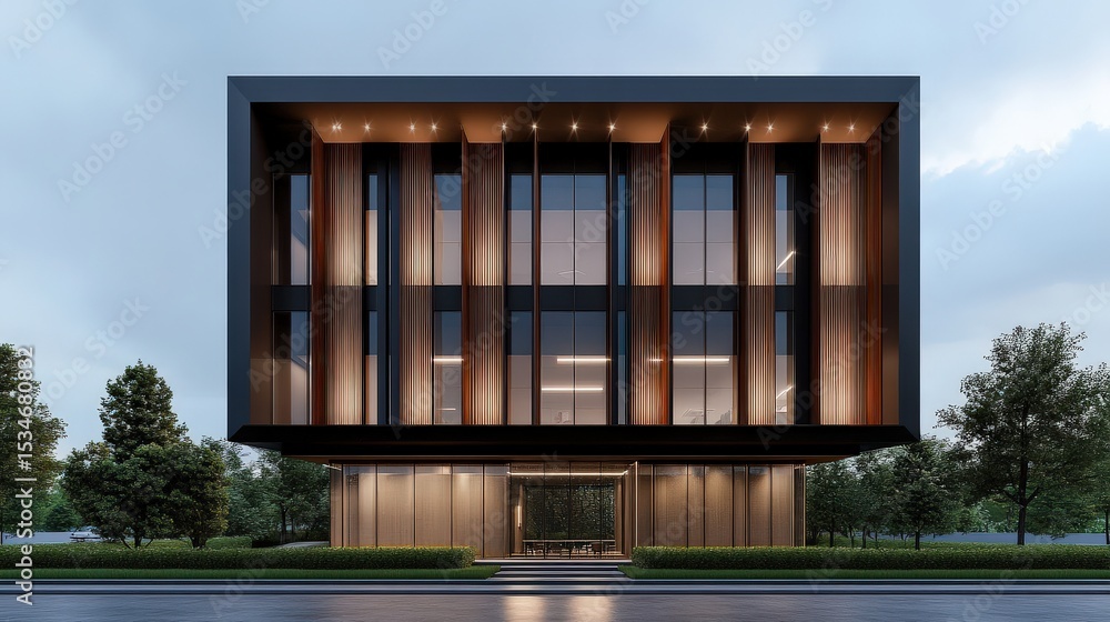 Fototapeta premium Modern Architectural Design Sleek Office Building Exterior at Dusk