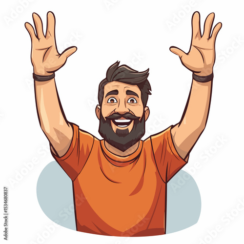 Happy Cartoon Man Celebrating Success with Hands Up on White Background Illustration