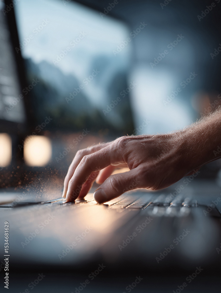 Closeup of hand typing on keyboard. Soft, atmospheric lighting. Concept creativity, technology, focus, writing, and remote work. Useful for blogs, articles, ads. Closeup of hand typing on keyboard. Soft, atmospheric lighting. Concept creativity, technology, focus, writing, and remote work. Useful for blogs, articles, ads.