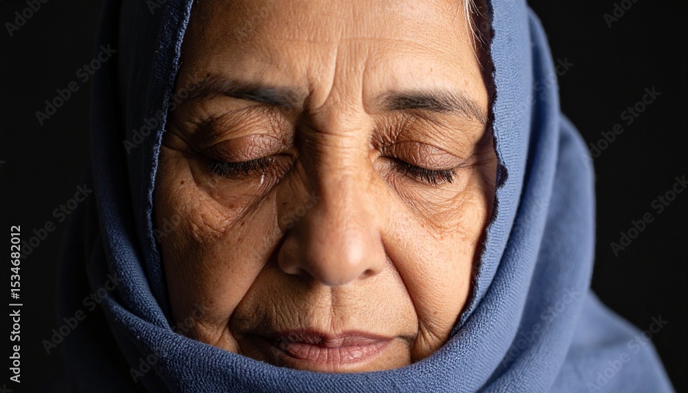 Elderly womans tearful face framed in blue headscarf Elderly womans tearful face framed in blue headscarf