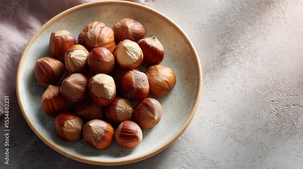 Obraz premium A bowl of hazelnuts on a light-colored surface