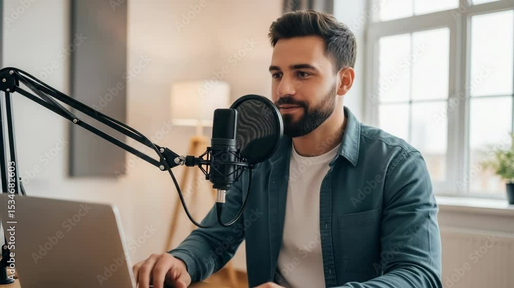 Young Man Recording Podcast in Modern Home Studio Environment Young Man Recording Podcast in Modern Home Studio Environment