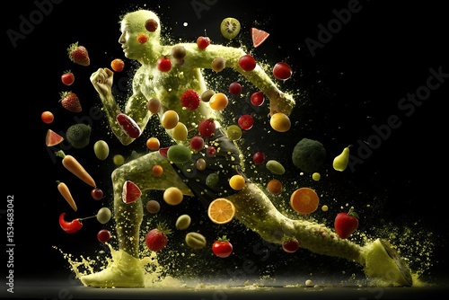 Man running with fruits and vegetables surrounding him on a black background image