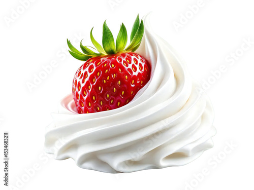 A close up of a single strawberry nestled in a swirl of white whipped cream on a black background