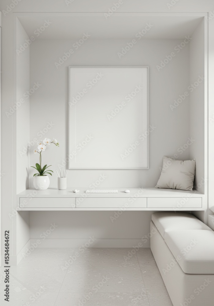 Obraz premium White Frame Mockup in Minimalist Home Office Nook