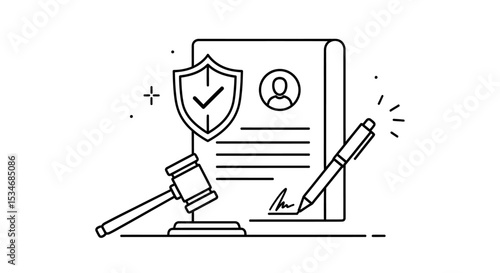 Legal Document Signing with Gavel and Security Shield Outline Illustration

