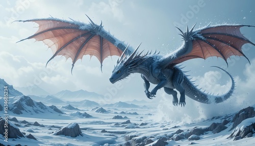 Snowstorms rage beneath a dragon flying high over a tundra wilderness