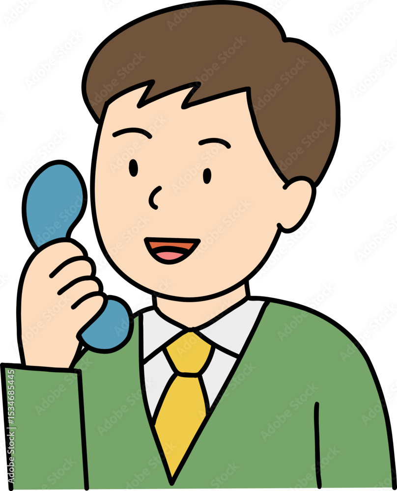 Hand drawn Business people doodle, Cheerful man talking on a vintage phone. Hand drawn Business people doodle, Cheerful man talking on a vintage phone.